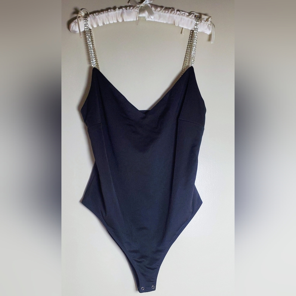 Black Satin Rhinestone Strap Forever 21‎ Bodysuit NWT size 0X 12-14